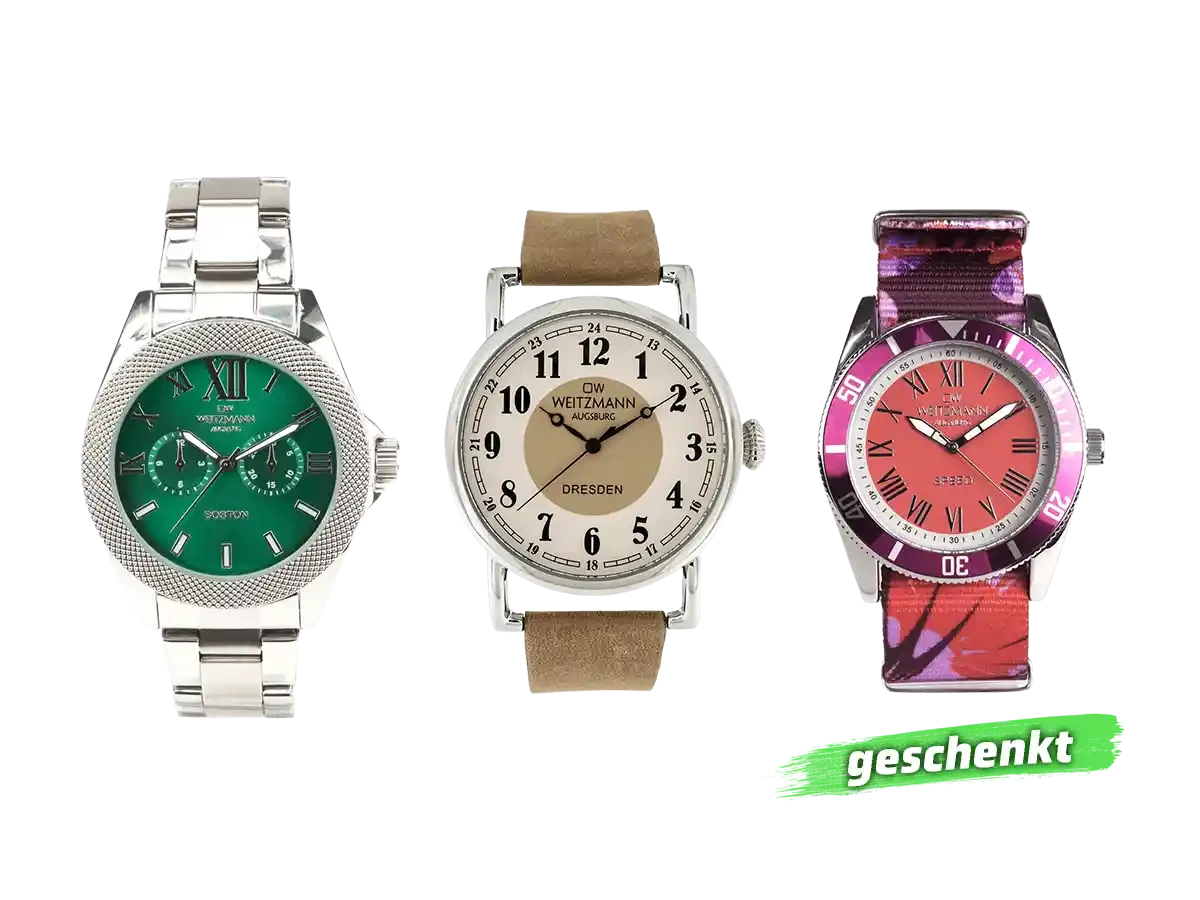 Bundle 3 • Herren-Uhren /// Boston, elegante Herren-Uhr, mit grünem Zifferblatt, mit Edelstahlband / Dresden, nostalgische Vintage-Uhr, Echtlederband hellbraun /  Geschenkt dazu: Speed Camouflage, Hippie-Unisex-Uhr, Look rot