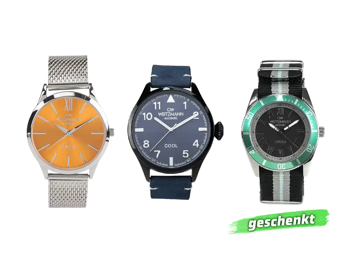 Bundle 5 • Herren-Uhren /// Classic, klassische Herren-Uhr, mit orangem Zifferblatt, Milanaiseband / Cool, attraktive Trend-Uhr, schwarz, Echtlederband blau / Geschenkt dazu: Speed, aktuelle Unisex Armband-Uhr, gestreiftes Natoband, Lünette mint