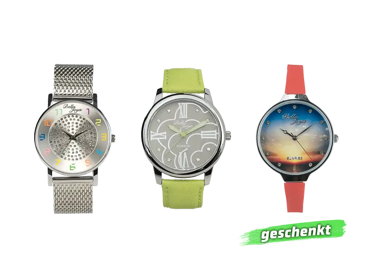 Bundle 3 • Damen-Uhren /// Elba, Milanaiseband / Florenz, Echtlederband hellgrün / Geschenkt dazu: Sunrise, Band rot