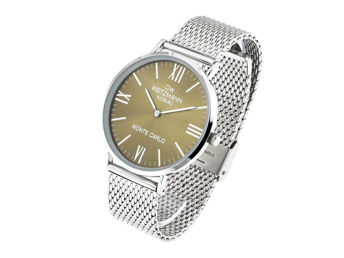 Bundle 1 • Herren-Uhren /// Cool, attraktive Trend-Uhr, gold, Echtlederband braun / Monte Carlo, topaktuelle Mode-Uhr, mit olivgrünem Zifferblatt, mit Milanaise-Band / Geschenkt dazu: Speed, aktuelle Unisex Armband-Uhr, gestreiftes Natoband, gelbe Lünette - Bild 10