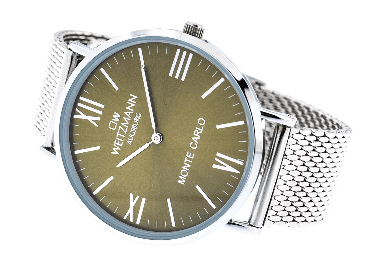 Bundle 1 • Herren-Uhren /// Cool, attraktive Trend-Uhr, gold, Echtlederband braun / Monte Carlo, topaktuelle Mode-Uhr, mit olivgrünem Zifferblatt, mit Milanaise-Band / Geschenkt dazu: Speed, aktuelle Unisex Armband-Uhr, gestreiftes Natoband, gelbe Lünette - Bild 11