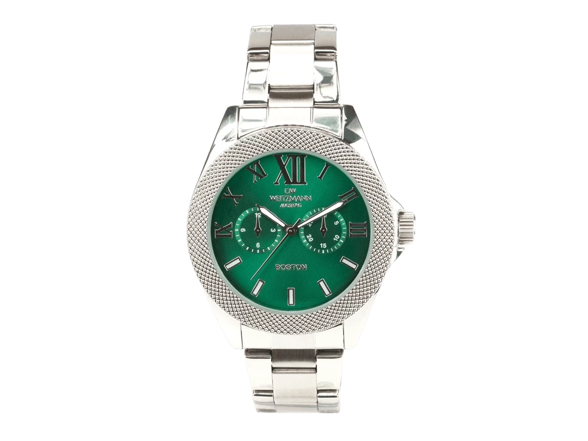 Bundle 3 • Herren-Uhren /// Boston, elegante Herren-Uhr, mit grünem Zifferblatt, mit Edelstahlband / Dresden, nostalgische Vintage-Uhr, Echtlederband hellbraun /  Geschenkt dazu: Speed Camouflage, Hippie-Unisex-Uhr, Look rot - Bild 2