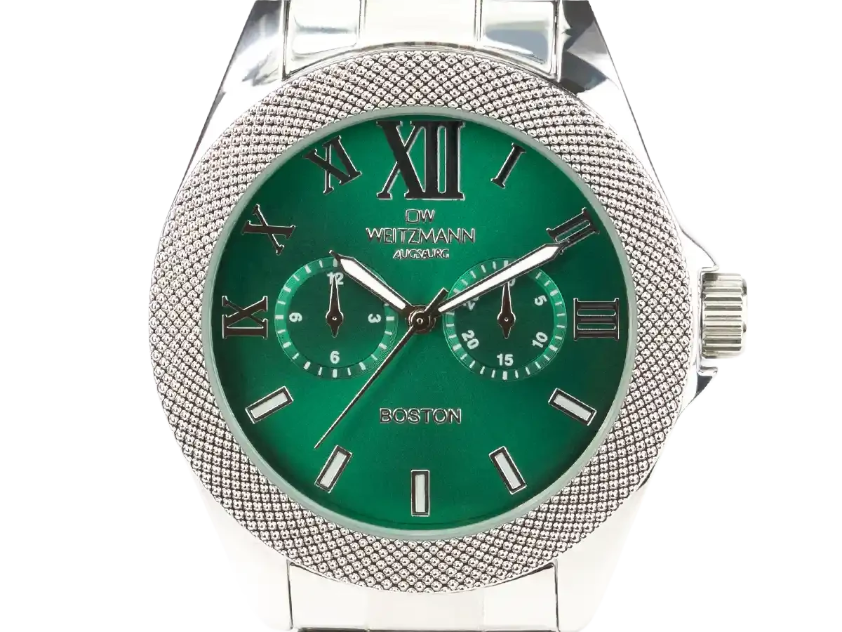 Bundle 3 • Herren-Uhren /// Boston, elegante Herren-Uhr, mit grünem Zifferblatt, mit Edelstahlband / Dresden, nostalgische Vintage-Uhr, Echtlederband hellbraun /  Geschenkt dazu: Speed Camouflage, Hippie-Unisex-Uhr, Look rot - Bild 3