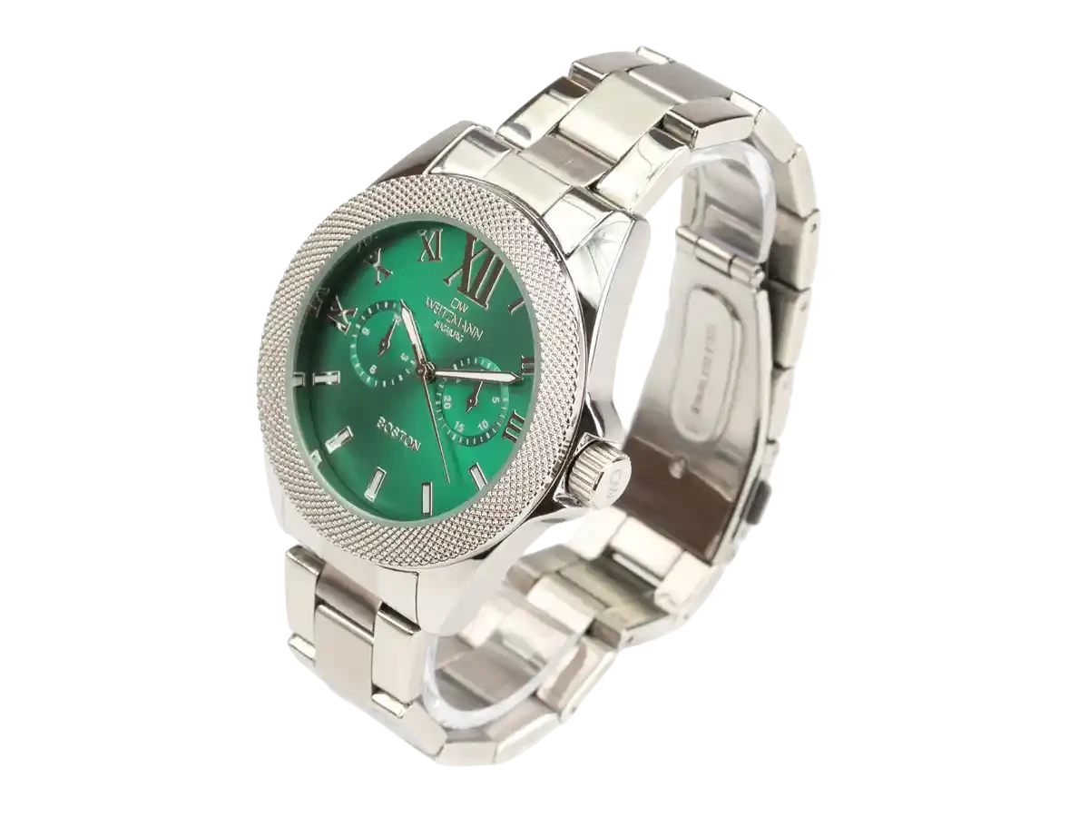 Bundle 3 • Herren-Uhren /// Boston, elegante Herren-Uhr, mit grünem Zifferblatt, mit Edelstahlband / Dresden, nostalgische Vintage-Uhr, Echtlederband hellbraun /  Geschenkt dazu: Speed Camouflage, Hippie-Unisex-Uhr, Look rot - Bild 4