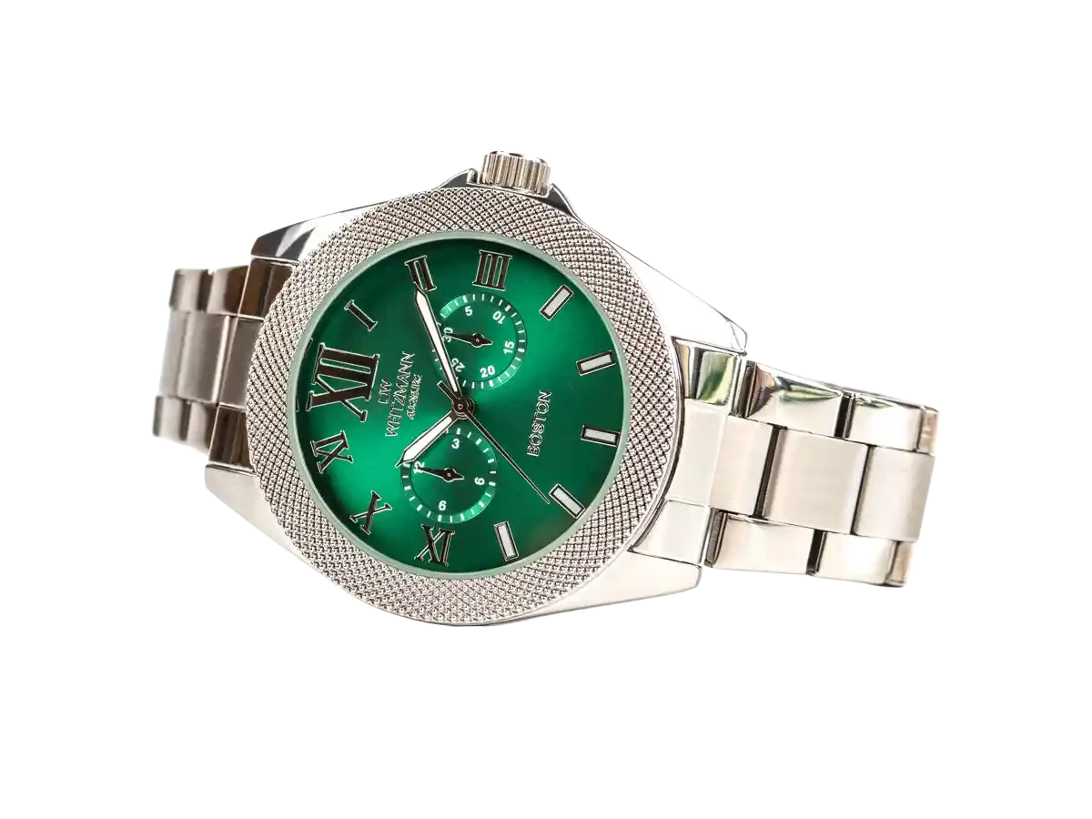 Bundle 3 • Herren-Uhren /// Boston, elegante Herren-Uhr, mit grünem Zifferblatt, mit Edelstahlband / Dresden, nostalgische Vintage-Uhr, Echtlederband hellbraun /  Geschenkt dazu: Speed Camouflage, Hippie-Unisex-Uhr, Look rot - Bild 5