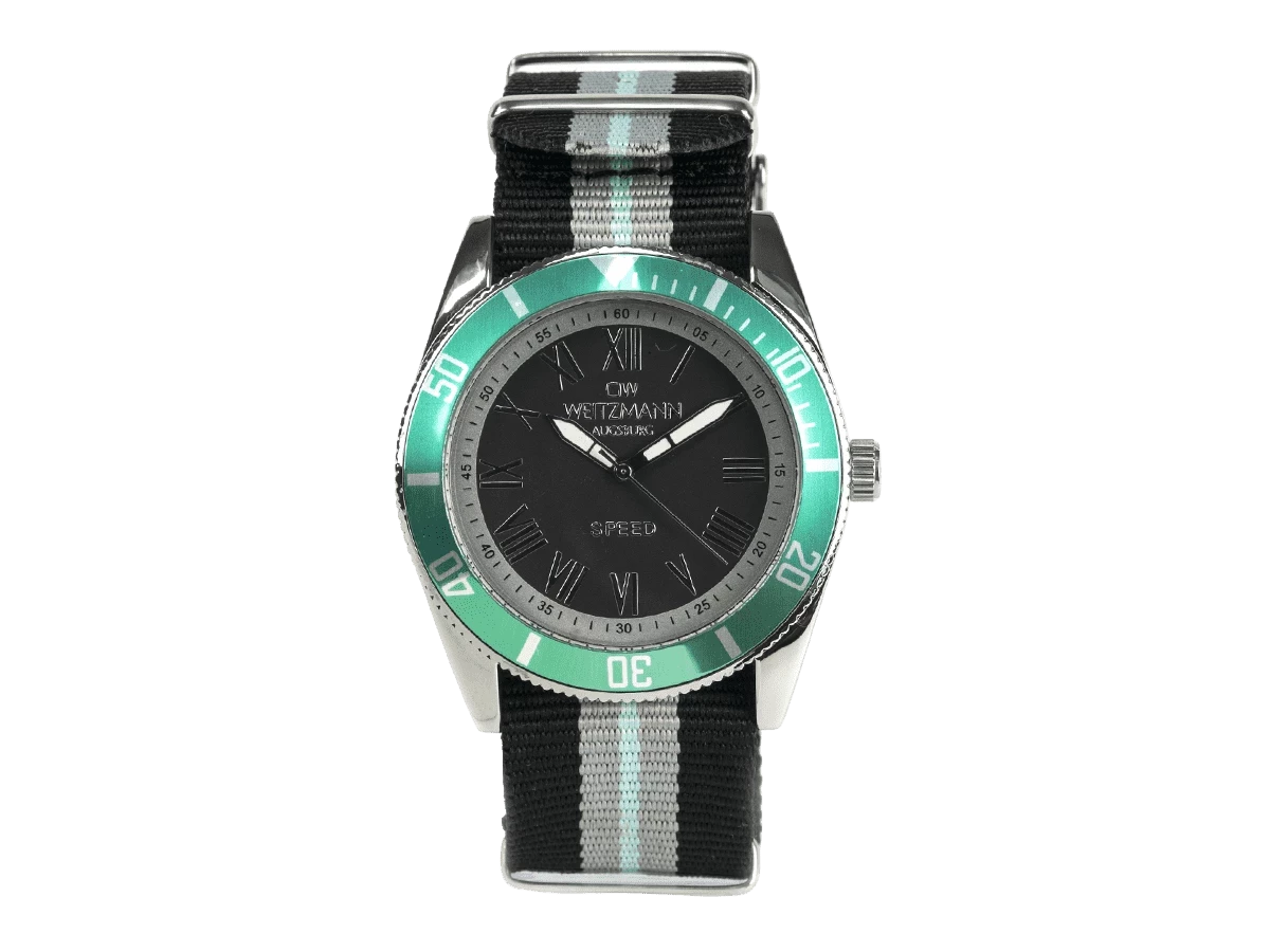 Bundle 5 • Herren-Uhren /// Classic, klassische Herren-Uhr, mit orangem Zifferblatt, Milanaiseband / Cool, attraktive Trend-Uhr, schwarz, Echtlederband blau / Geschenkt dazu: Speed, aktuelle Unisex Armband-Uhr, gestreiftes Natoband, Lünette mint - Bild 14