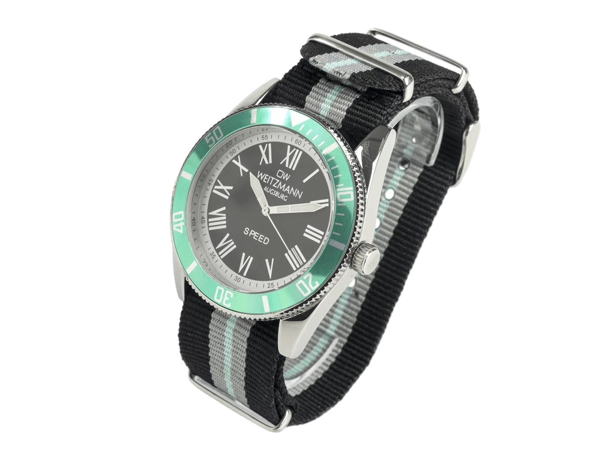 Bundle 5 • Herren-Uhren /// Classic, klassische Herren-Uhr, mit orangem Zifferblatt, Milanaiseband / Cool, attraktive Trend-Uhr, schwarz, Echtlederband blau / Geschenkt dazu: Speed, aktuelle Unisex Armband-Uhr, gestreiftes Natoband, Lünette mint - Bild 16